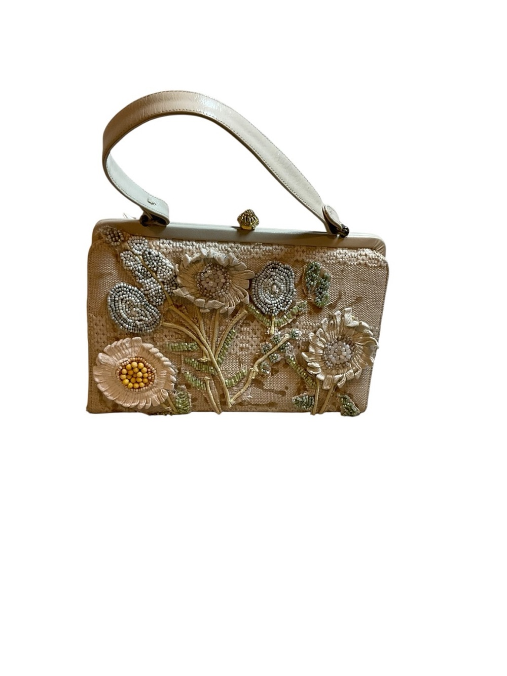 Hand-Beaded Floral Cream Top-Handle Clutch